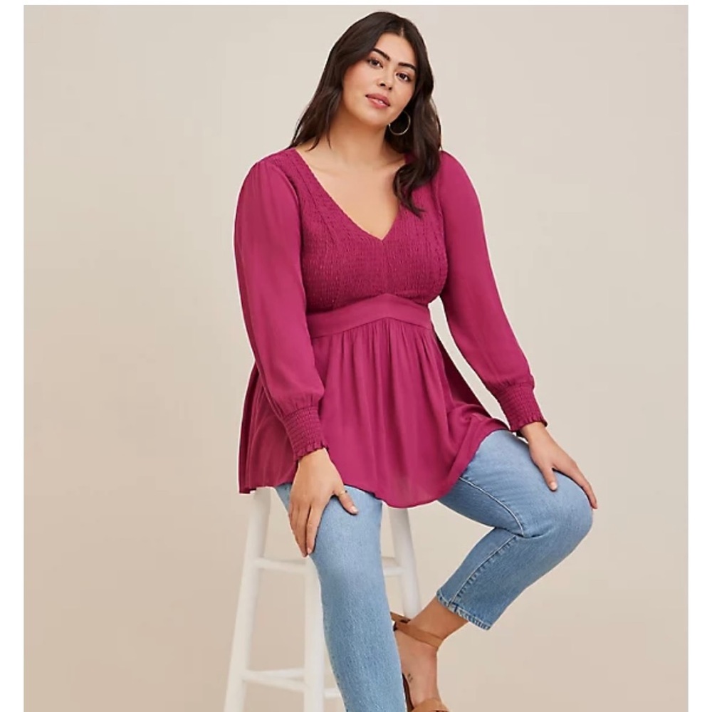 Torrid smocked gauze babydoll long sleeve blouse top burgundy 1 1X